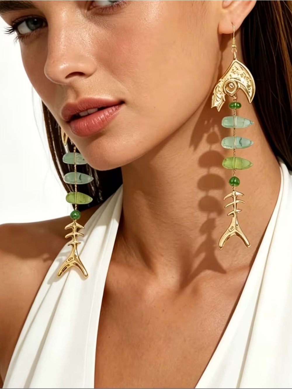 Gold & Green Fishbone Drop Earrings - Women Jewelry